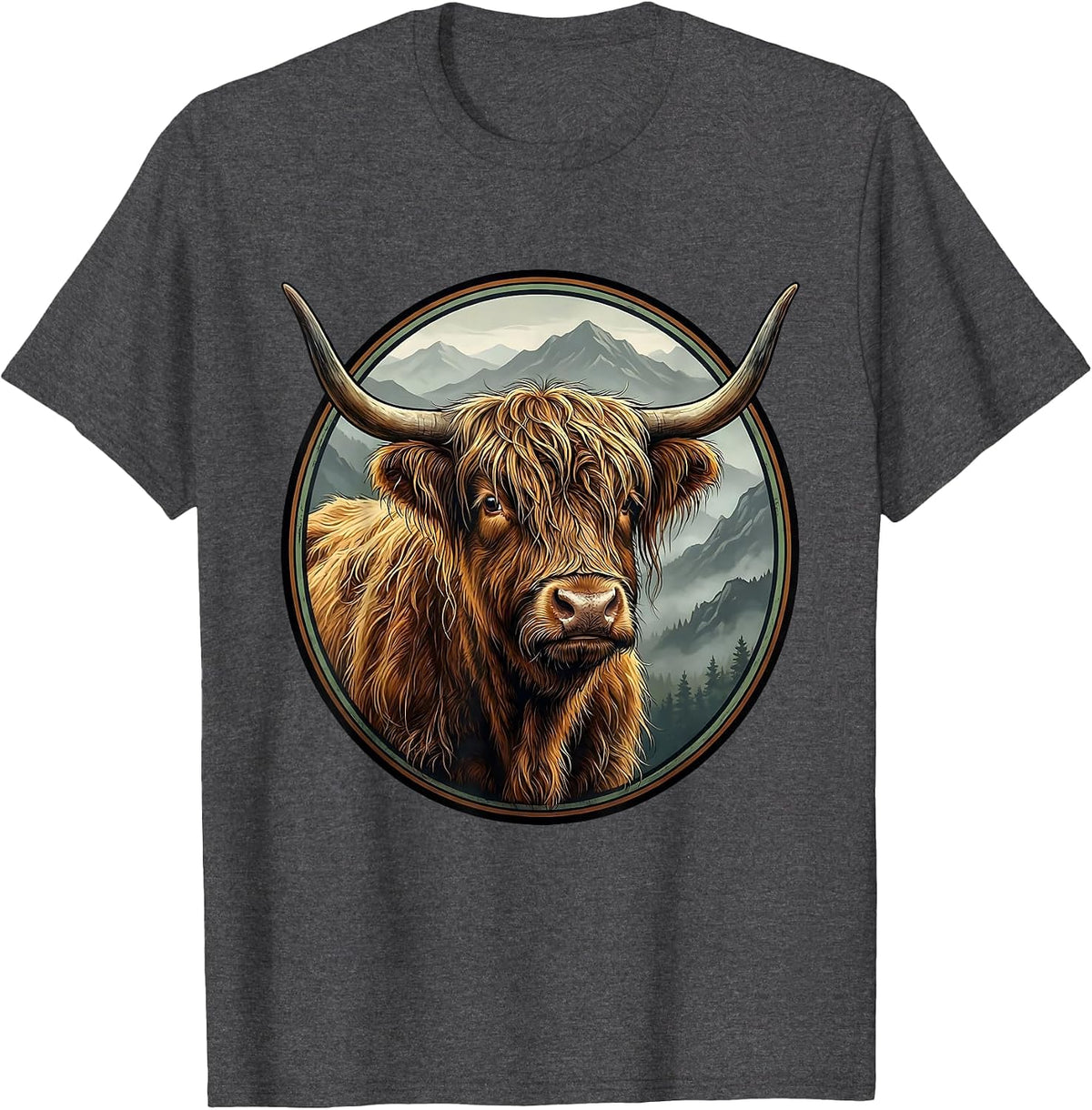 Highland Cow Misty Mountain Illustration T-Shirt - Dark Heather Grey