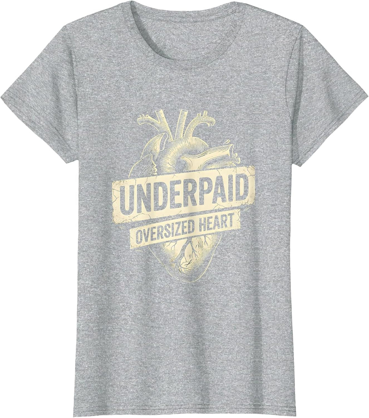 Underpaid Oversized Heart Teacher Women Design T-Shirt - Heather Grey
