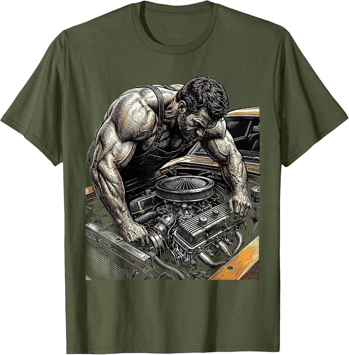 Classic Car Mechanic Vintage Auto Illustration T-Shirt - Olive Green