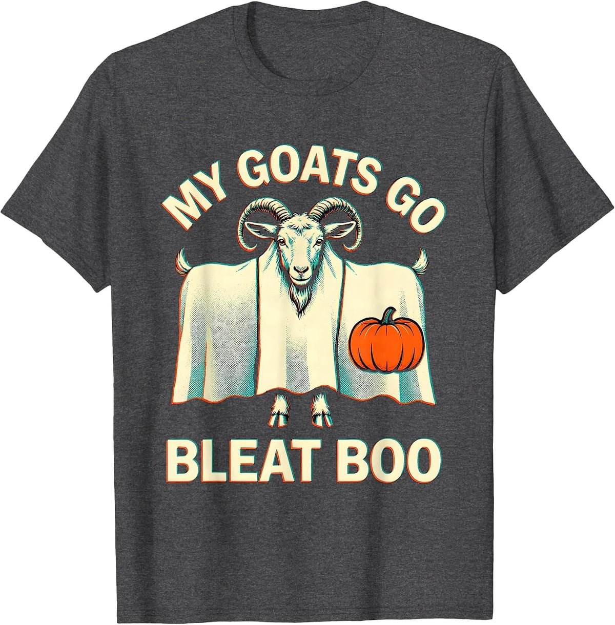 My Goats Go Bleat Boo Risograph Halloween Goat Farmer Funny T-Shirt - Dark Heather Grey