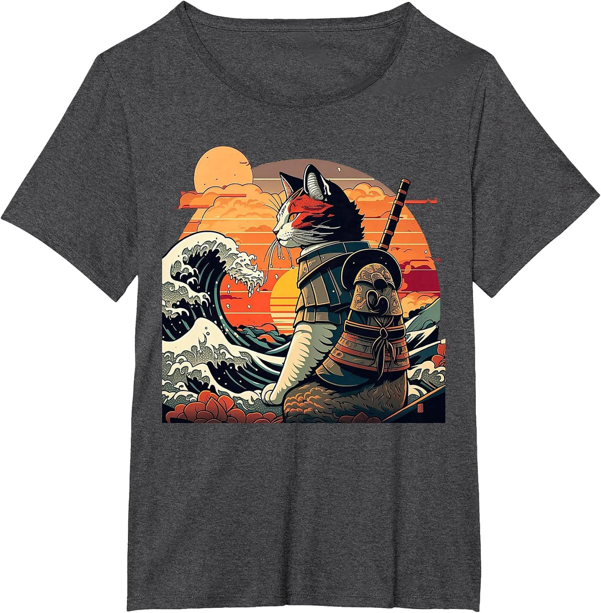 Japanese Retro Samurai cat The Great Wave by Hokusai T-Shirt - Dark Heather Grey