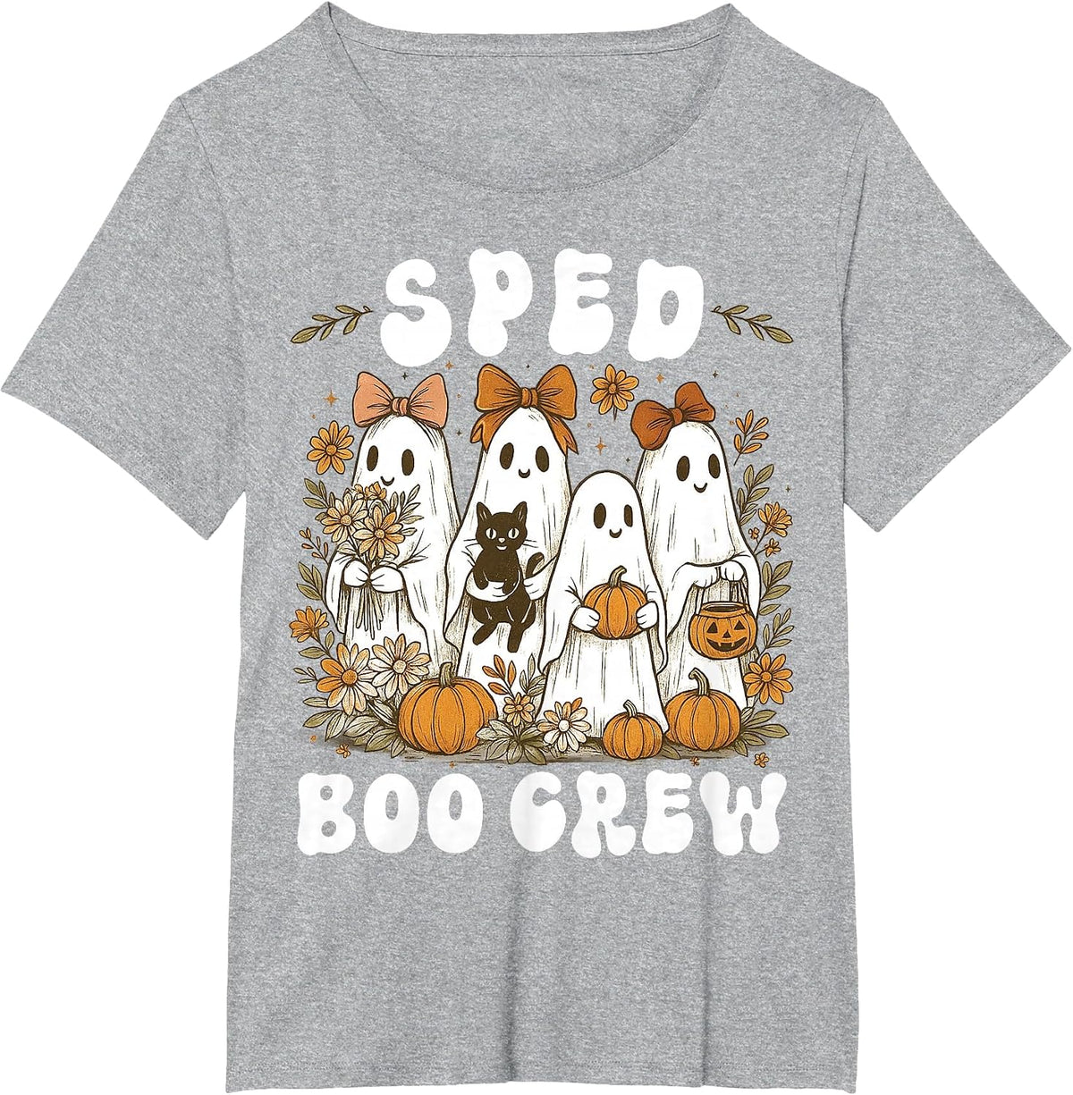 Boo Crew SPED Teacher Wildflower Halloween Ghost Preppy Bow T-Shirt - Heather Grey