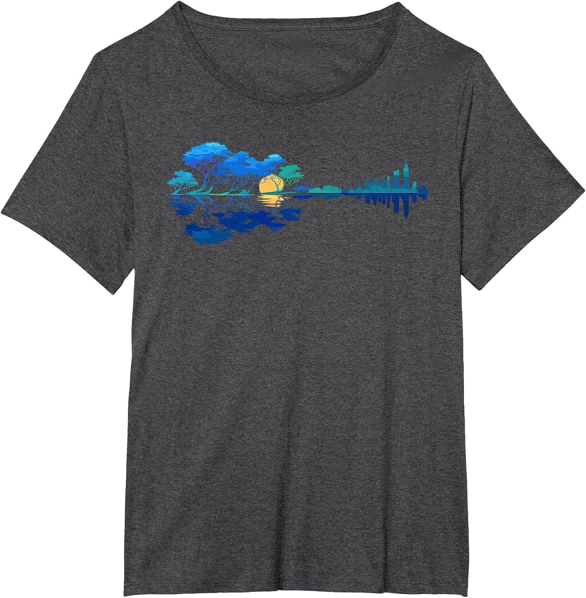 Guitar Lake Reflections Night Sky and Moon T-Shirt - Dark Heather Grey