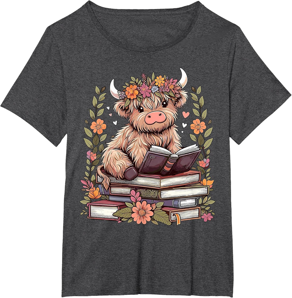 Cute Baby Highland Cow Reading Book Bookworm T-Shirt - Dark Heather Grey