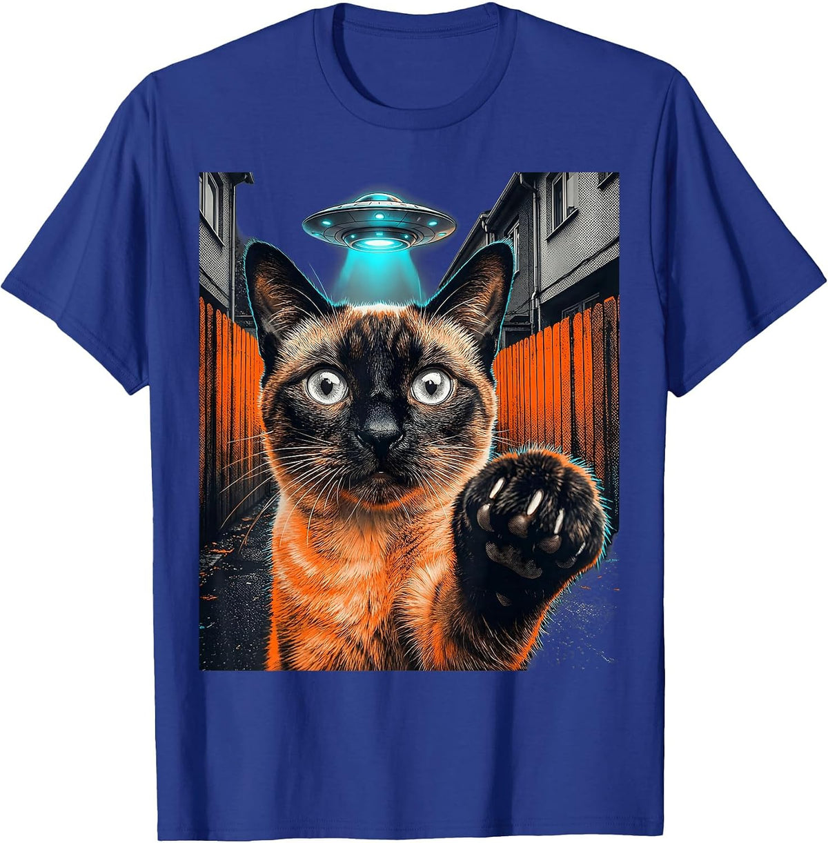 Startled Siamese Cat UFO Alien Selfie Funny Cat Gifts T-Shirt - Royal Blue