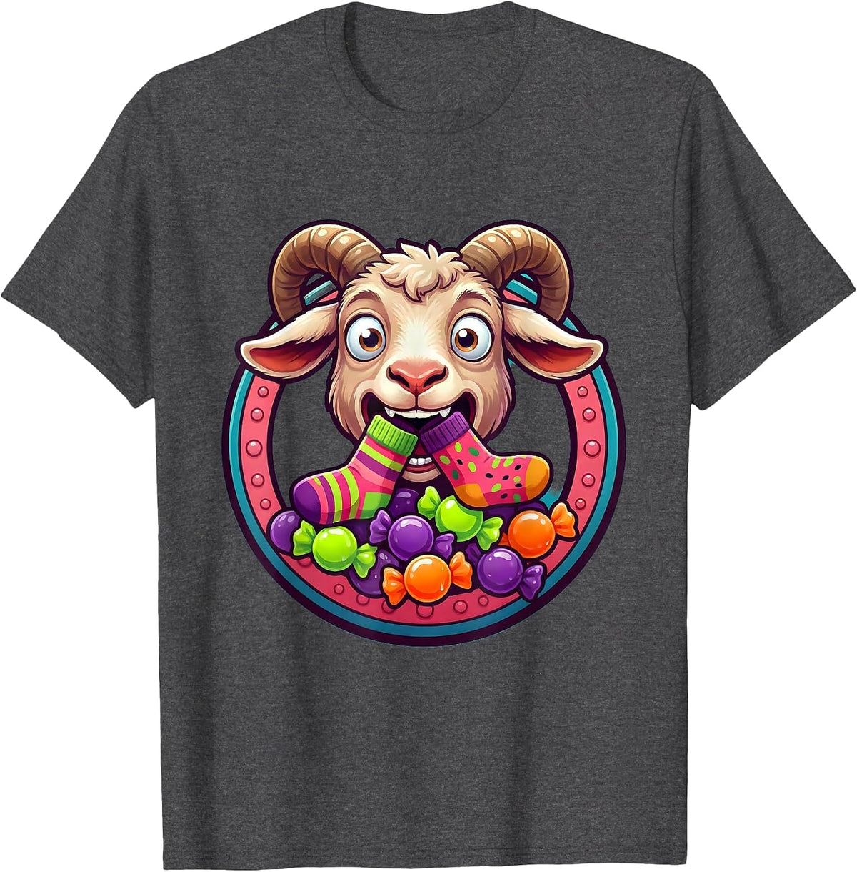 Funny Goat Eating Socks Silly Animal Illustration T-Shirt - Dark Heather Grey