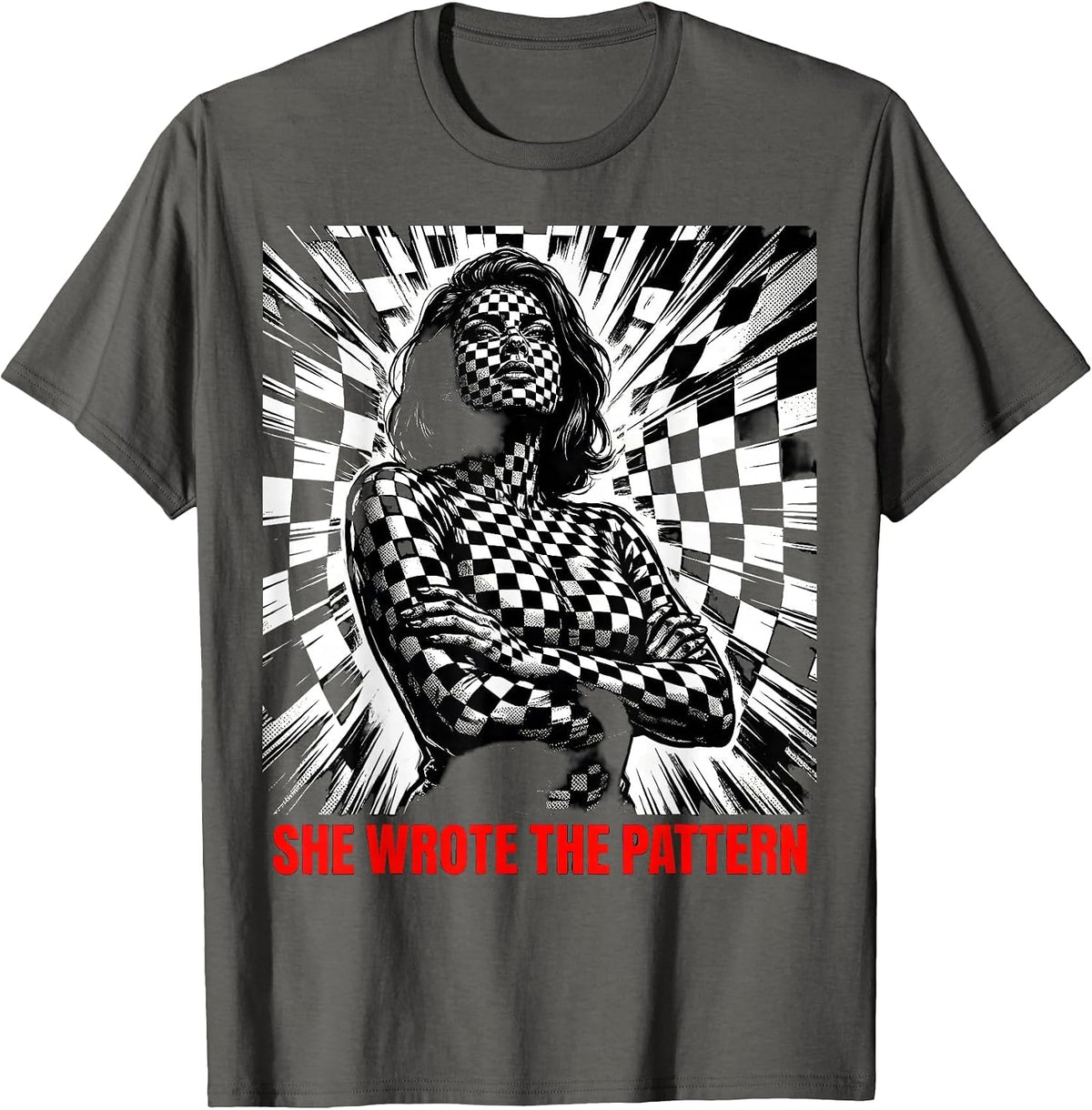 She Wrote the Pattern Checkered Design T-Shirt - Asphalt Grey