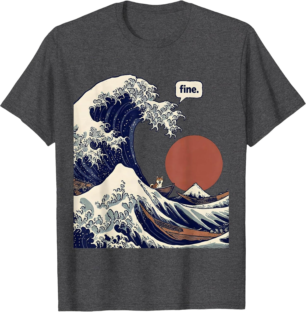 fine Monumental Woodcut Engraving Animal Surfing Great Wave T-Shirt - Dark Heather Grey