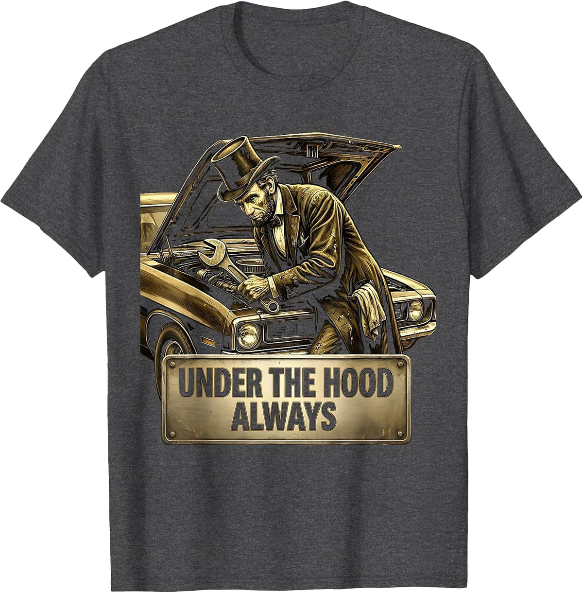 Under The Hood Mechanic Men Garage Design T-Shirt - Dark Heather Grey
