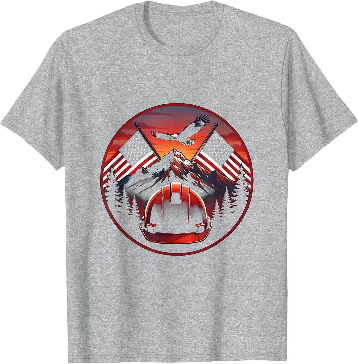 Men's Hard Hat Crossed American Flags Patriotic Design T-Shirt - Heather Grey