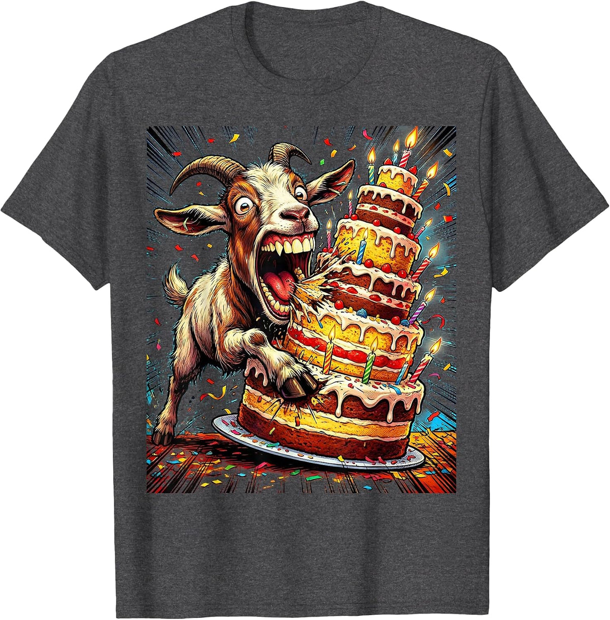 Men's Funny Goat Eating Whole Birthday Cake Illustration T-Shirt - Dark Heather Grey