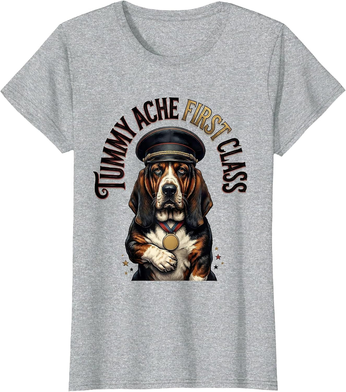 Tummy Ache First Class Funny Basset Hound Pet Humor Novelty T-Shirt - Heather Grey