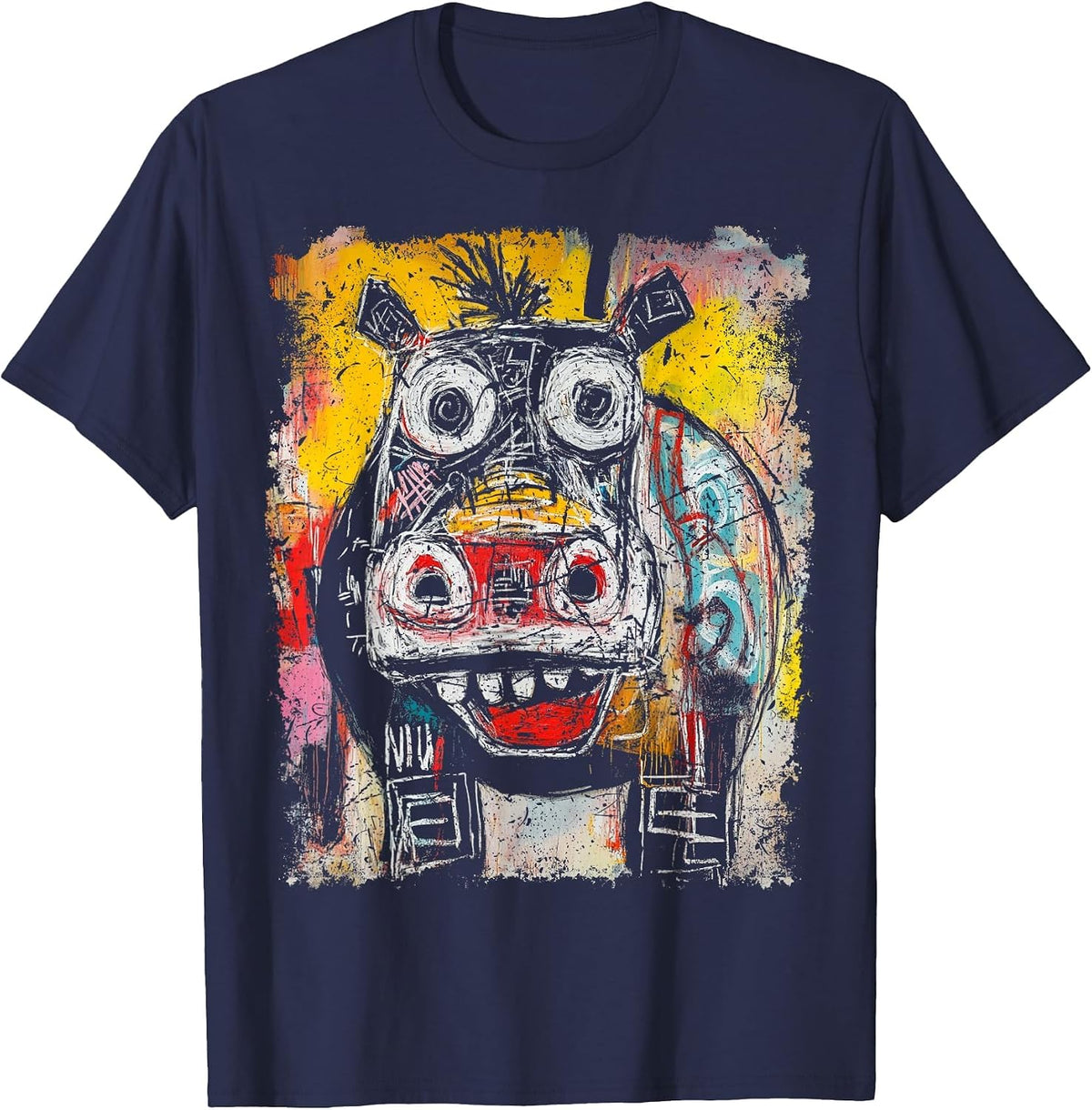 Pop Art Style Hippopotamus 90s Graffiti T-Shirt - Navy Blue