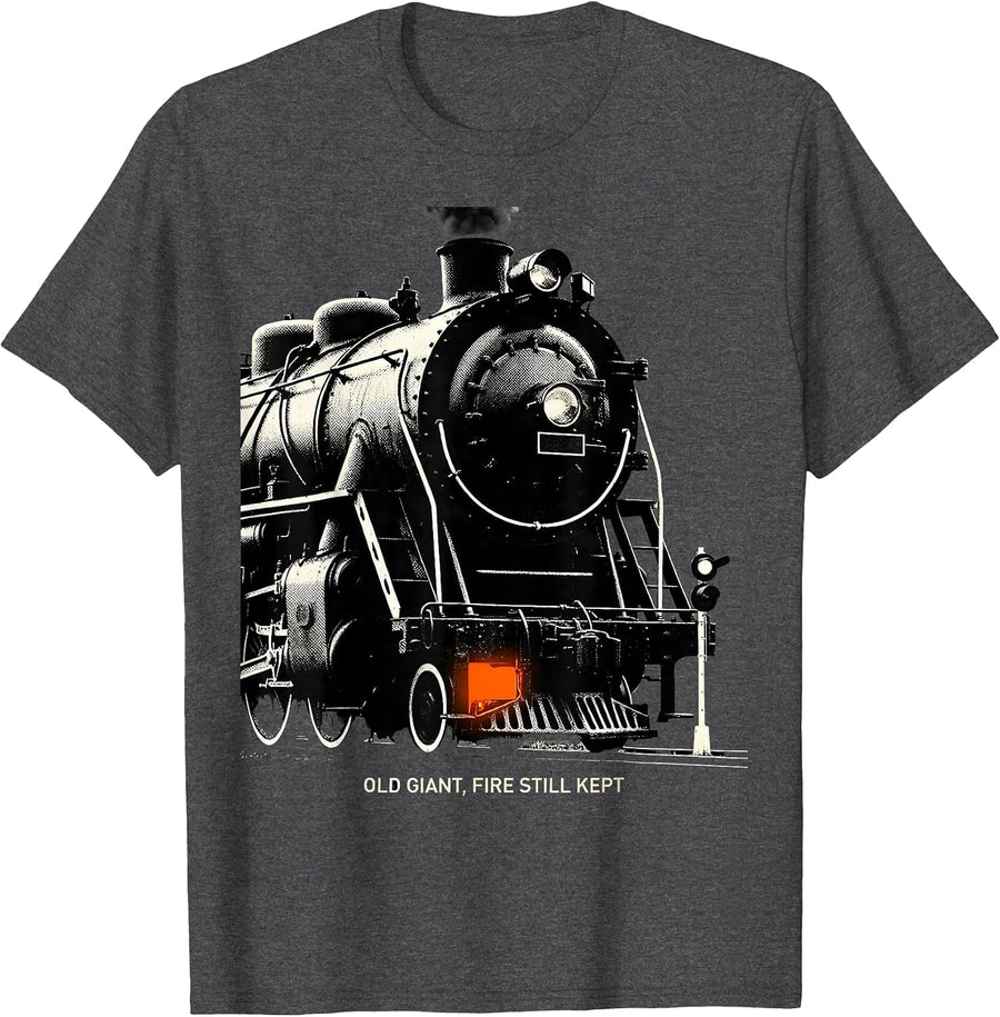 Men's Old Giant Fire Still Kept Vintage Steam Locomotive Train T-Shirt - Dark Heather Grey