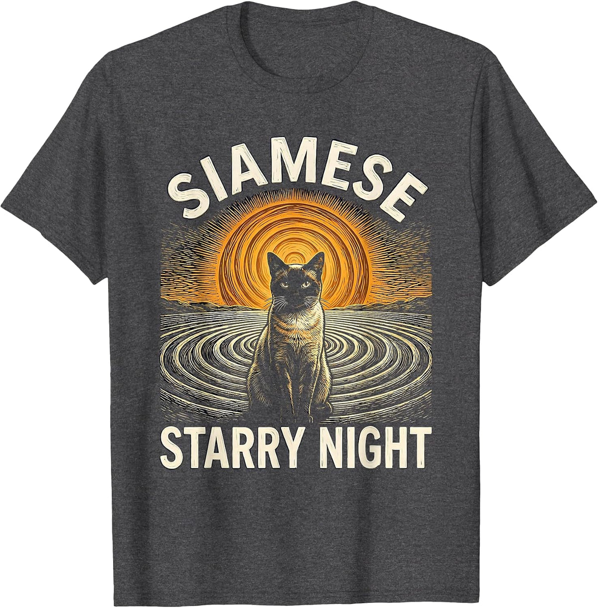 Siamese Starry Night Whimsical Van Gogh Cat Lover Art T-Shirt - Dark Heather Grey