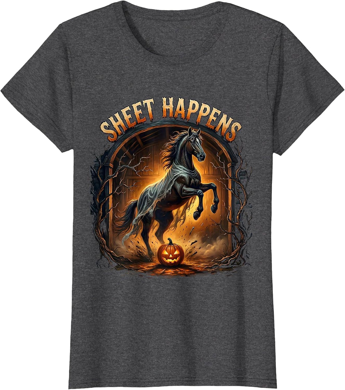 Women's Sheet Happens Gothic Horror Halloween Horse Lover Equestrian T-Shirt - Dark Heather Grey