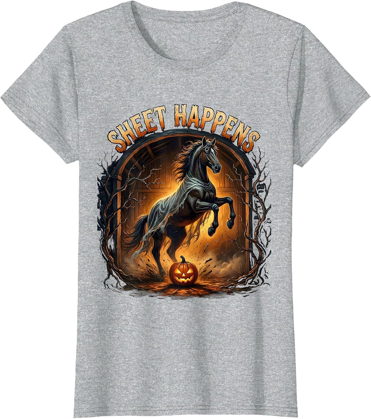 Women's Sheet Happens Gothic Horror Halloween Horse Lover Equestrian T-Shirt - Heather Grey