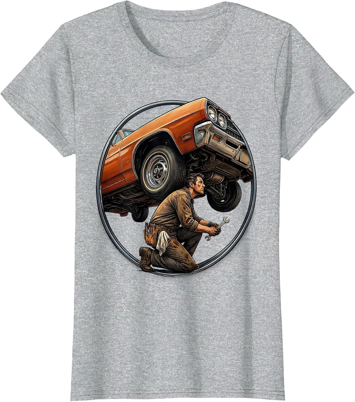 Mechanic Crouching Under Classic Car Illustration T-Shirt - Heather Grey