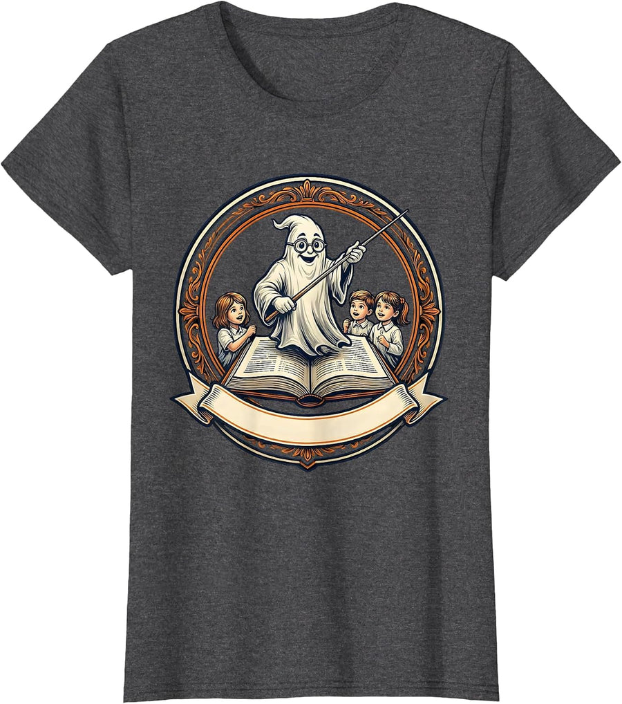 Women's Ghost Teacher School Crest Halloween Costume Humor T-Shirt - Dark Heather Grey