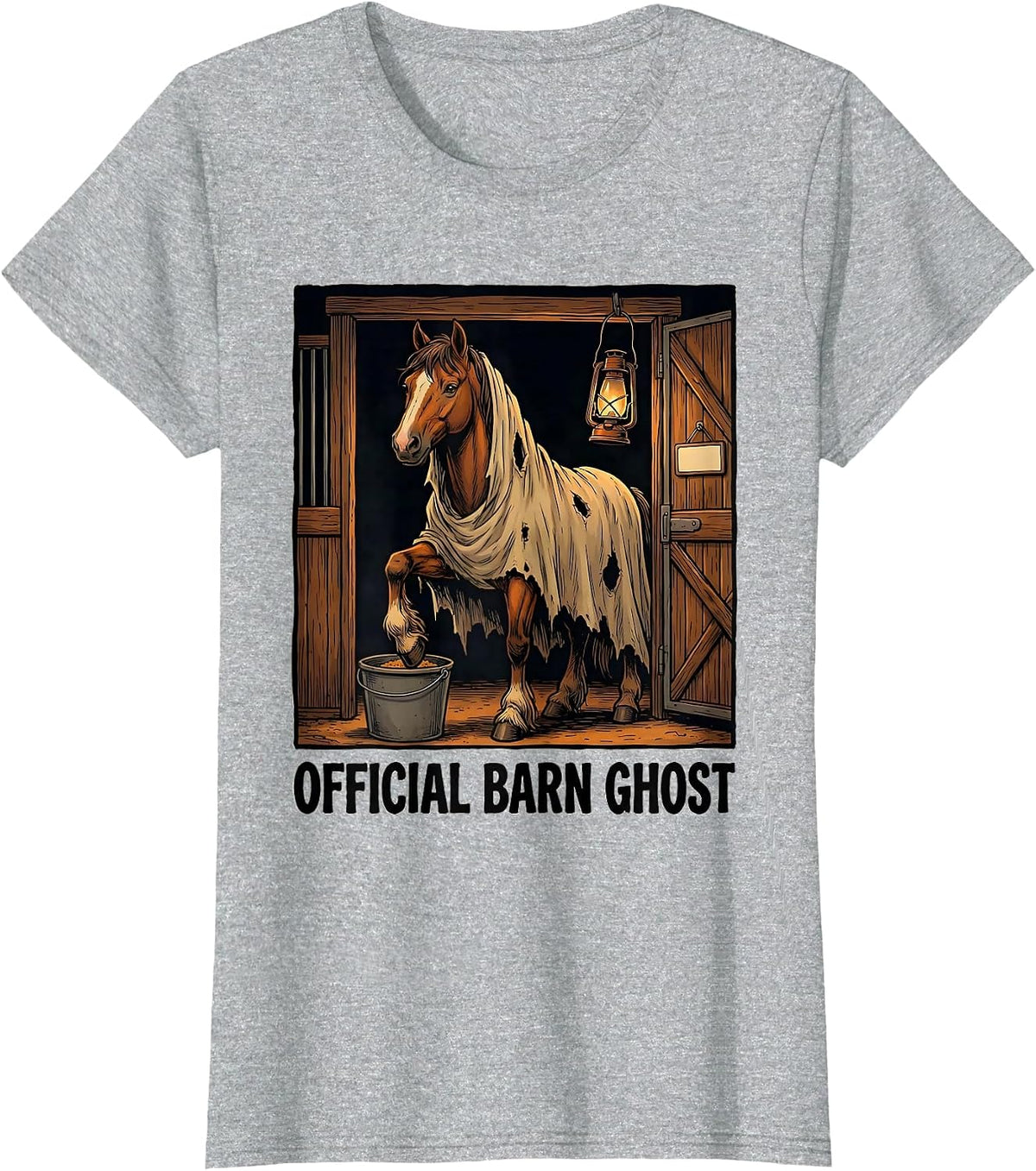 Official Barn Ghost Flat Cartoon Halloween Horse Lover Humor T-Shirt - Heather Grey