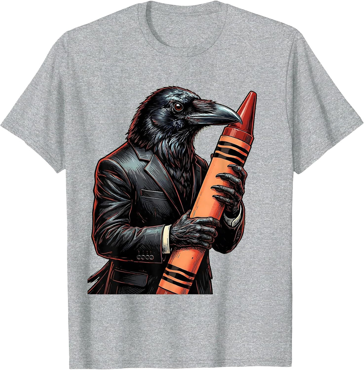 Men's Crow in Suit Holding Crayon Funny Adult Art T-Shirt - Heather Grey