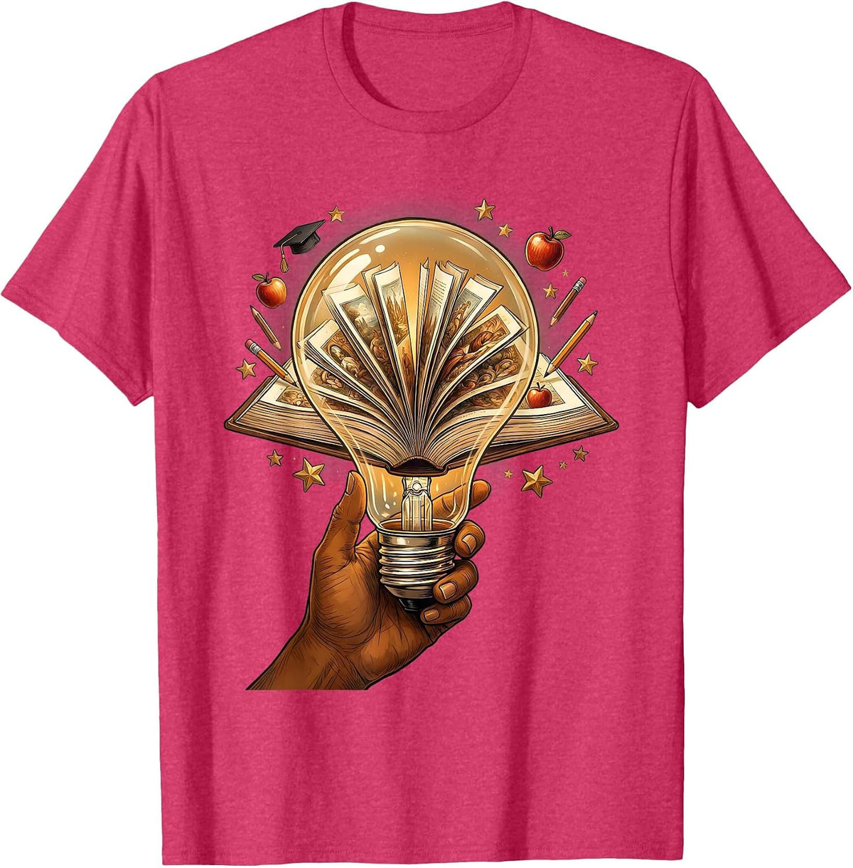 Teacher Lightbulb Moment Glowing Book Illustration T-Shirt - Red Heather