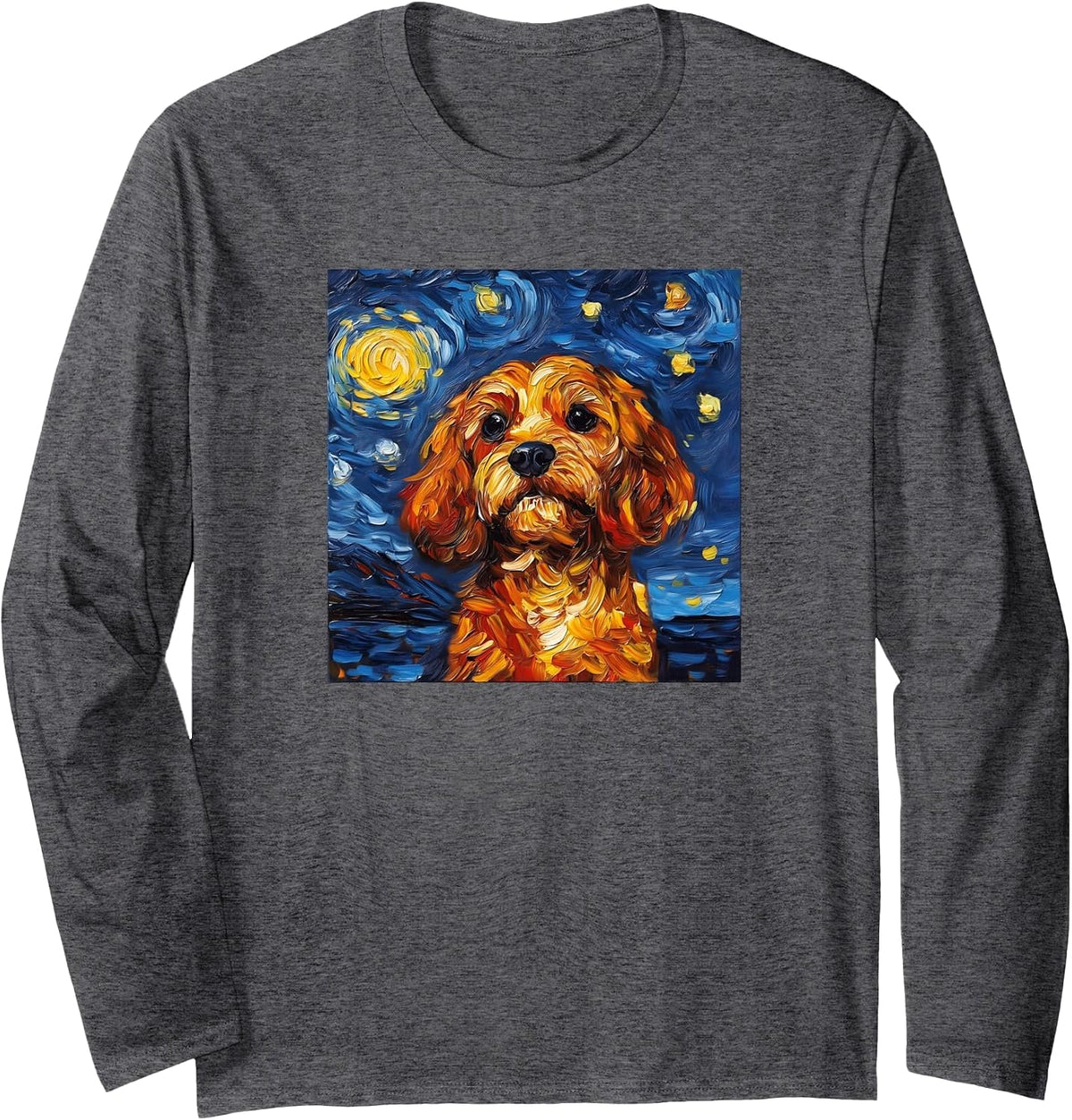 Cute Cavapoo Starry Night Dog Art Long Sleeve T-Shirt - Adult Unisex Dark Heather Grey