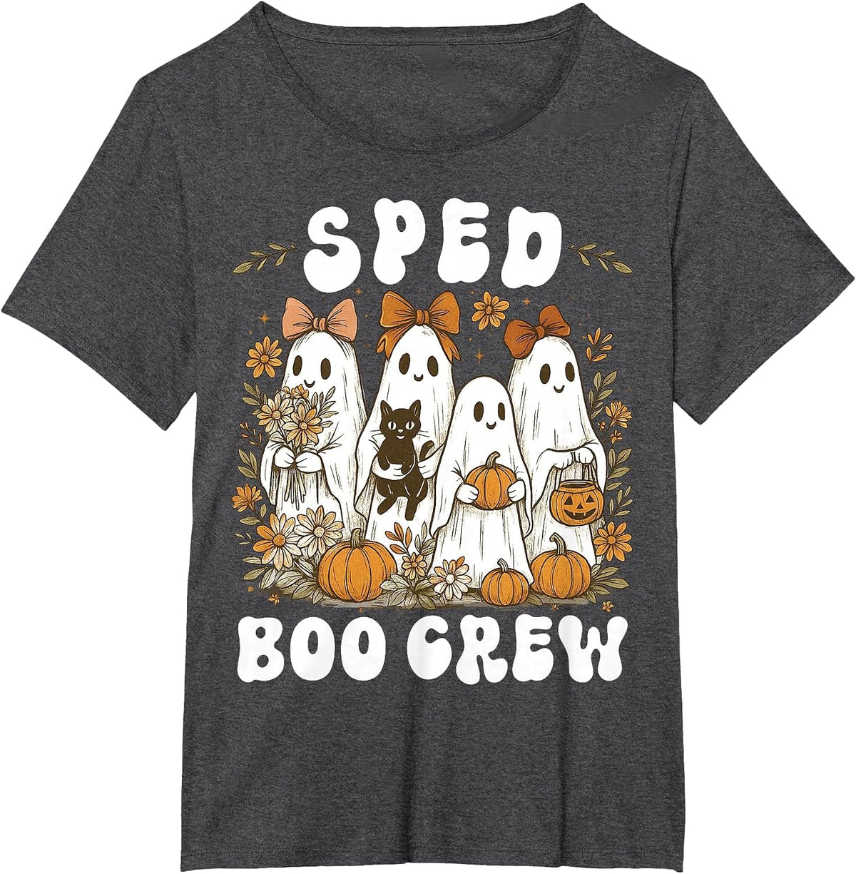Boo Crew SPED Teacher Wildflower Halloween Ghost Preppy Bow T-Shirt - Dark Heather Grey