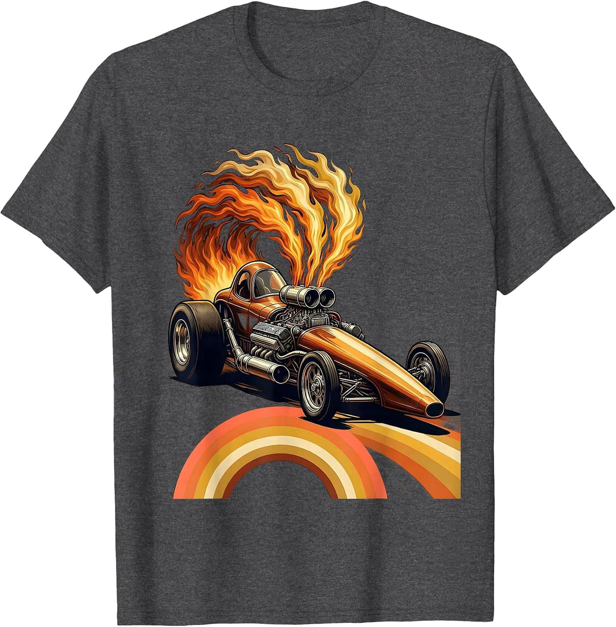 Vintage Dragster Flames Labor Day Racing Graphic T-Shirt - Dark Heather Grey