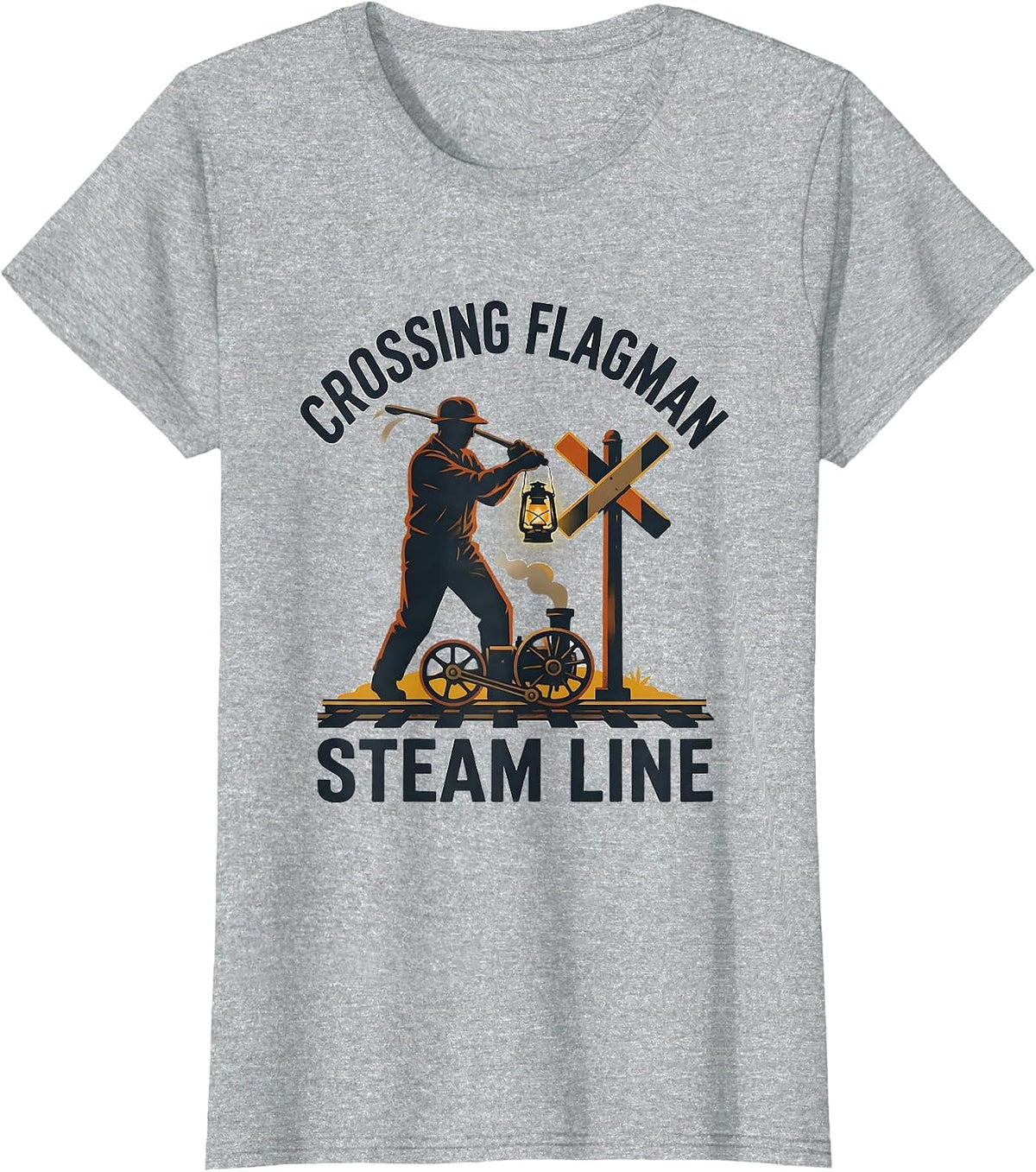 Crossing Flagman Steam Line Vintage Steam Locomotive Train T-Shirt - Heather Grey