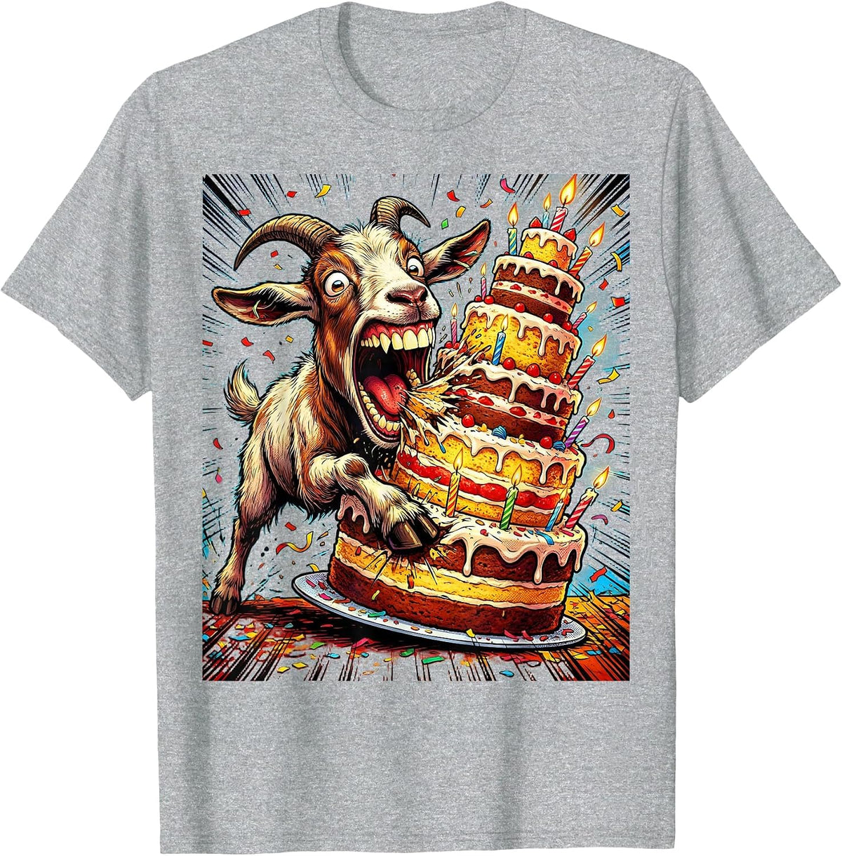 Men's Funny Goat Eating Whole Birthday Cake Illustration T-Shirt - Heather Grey
