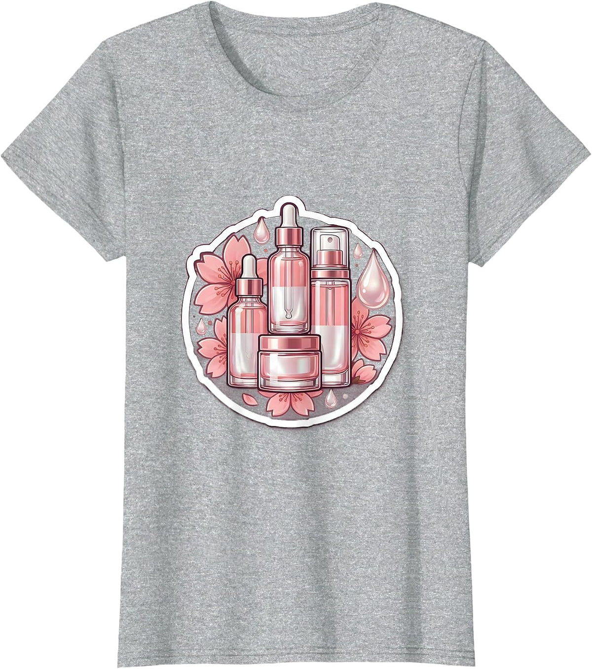 K-Beauty Skincare Routine Floral Bottle Stack T-Shirt - Heather Grey
