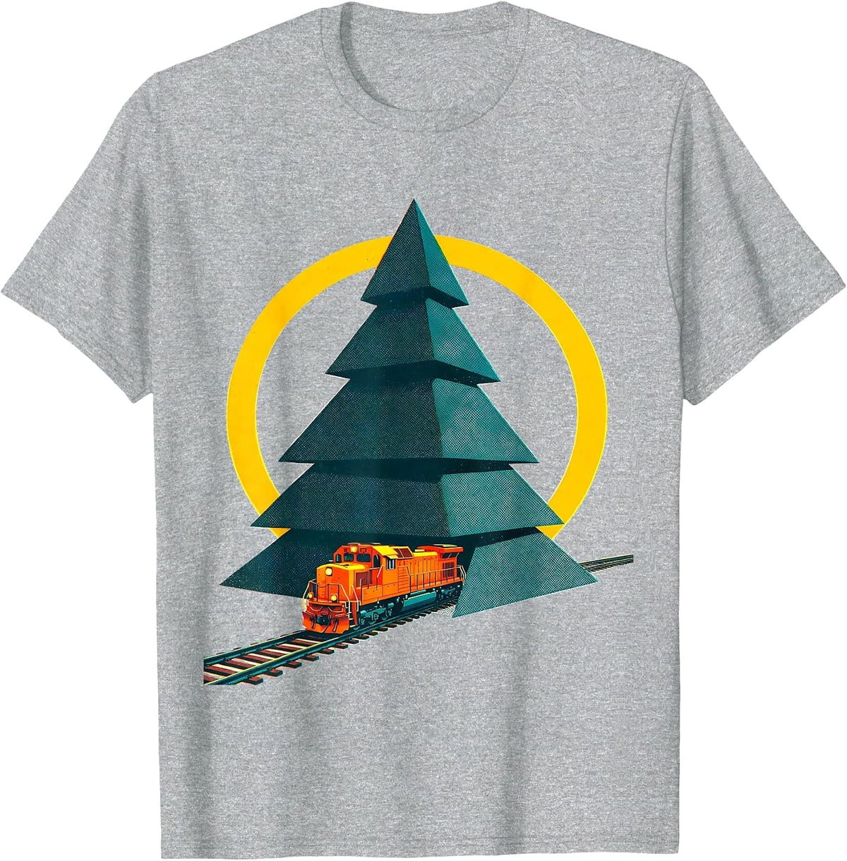 Men's Stepped Conifer Train Track Vintage Holiday Train Enthusiast T-Shirt - Heather Grey