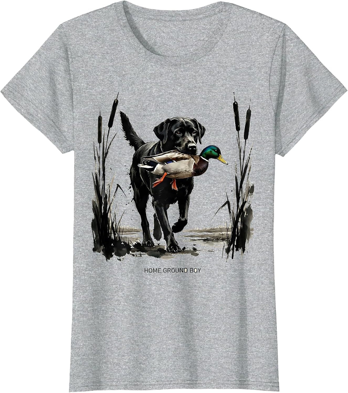 Home Ground Boy Ink Brush Labrador Hunting Dog Marsh Scene T-Shirt - Heather Grey