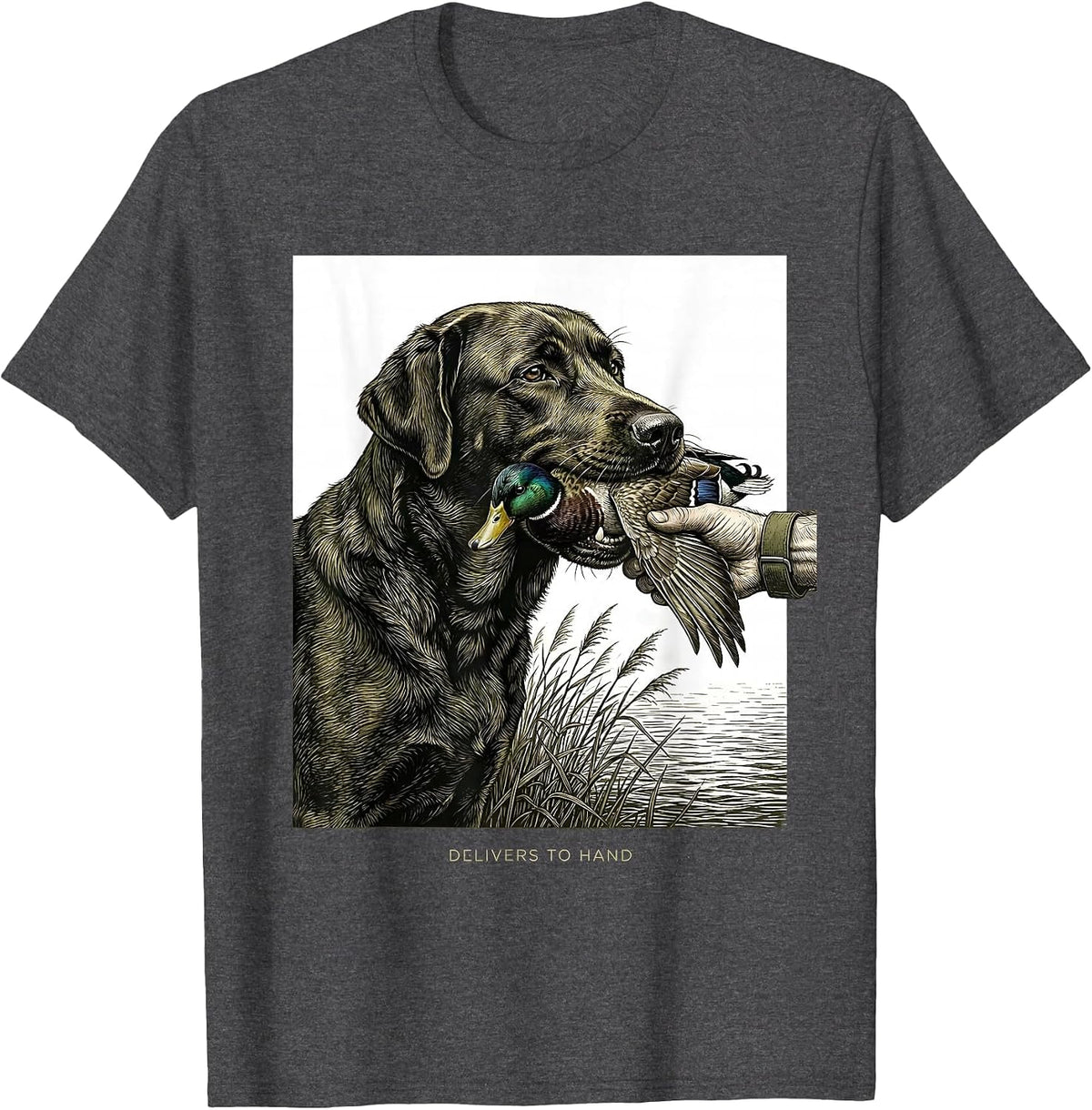 Delivers To Hand Monochromatic Labrador Duck Hunting T-Shirt - Dark Heather Grey