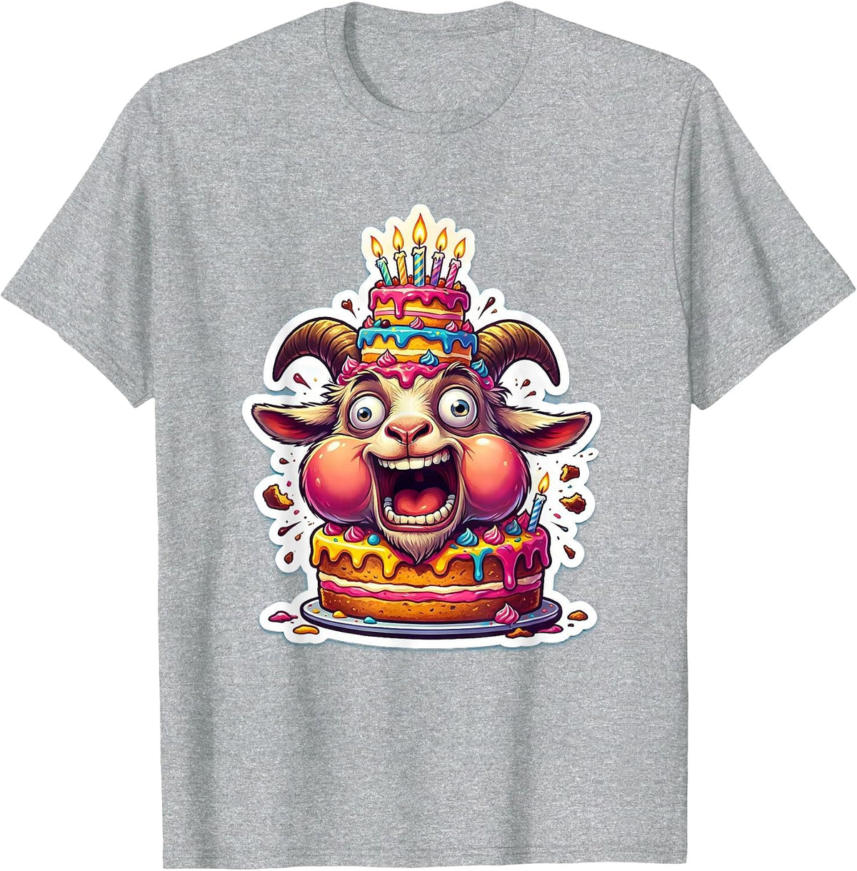 Men's Funny Goat Eating Birthday Cake Illustration T-Shirt - Heather Grey