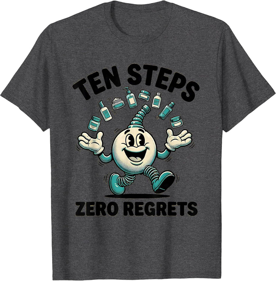Men's K-Beauty Ten Steps Zero Regrets Skincare Design T-Shirt - Dark Heather Grey