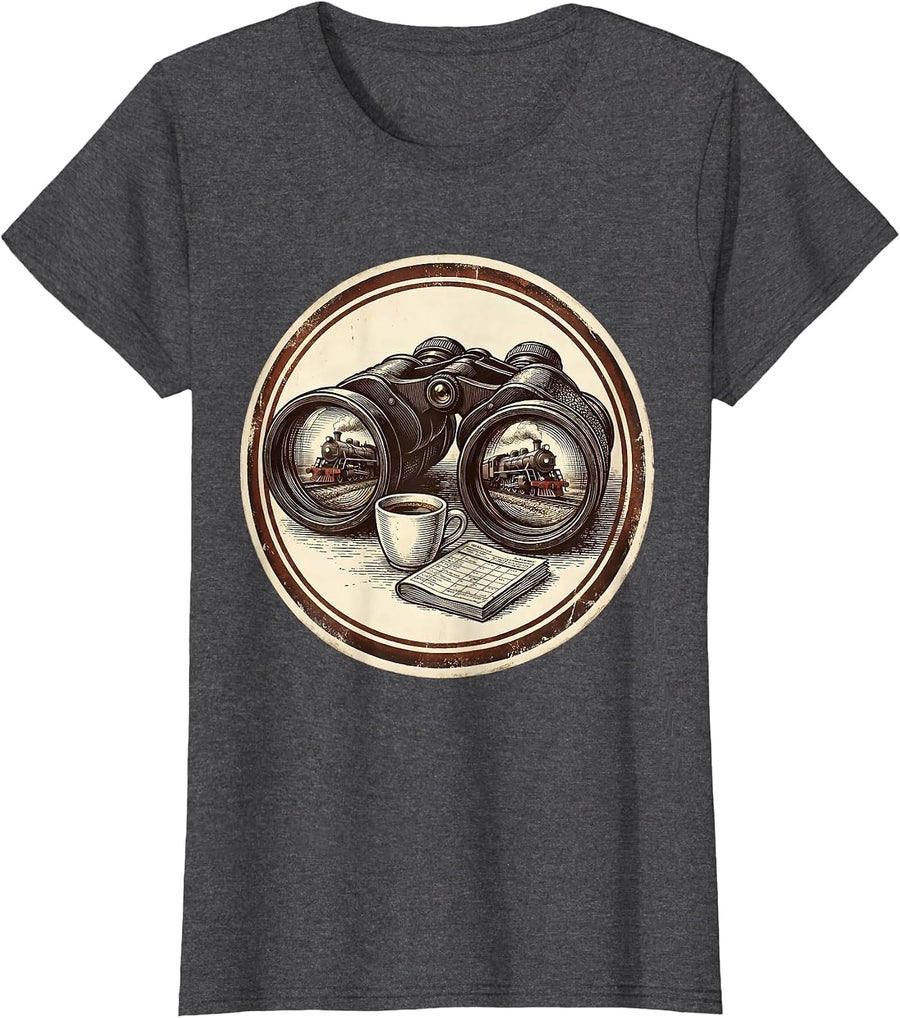 Women's Sealed Locomotive Binoculars Vintage Train Enthusiast Humor T-Shirt - Dark Heather Grey