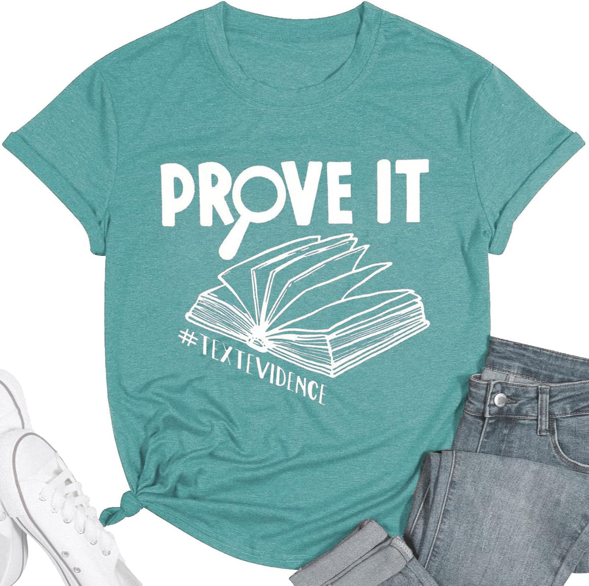 Teacher Shirts for Women Reading Book Graphic Tees with Prove It Text Evidence Letter Print Short Sleeve Tops - Cyan