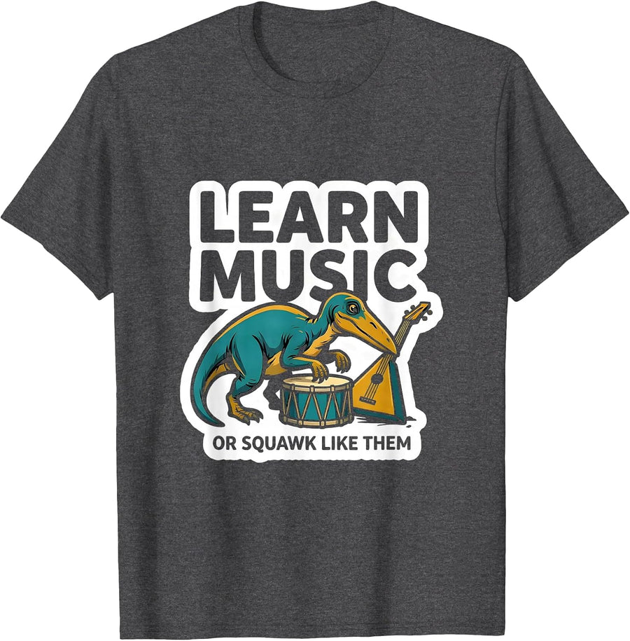 Men's Learn Music Or Squawk Like Them Funny Music Teacher Sticker T-Shirt - Dark Heather Grey