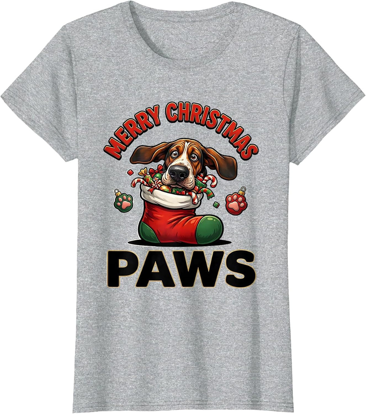 Women's Merry Christmas Paws Cartoon Basset Hound Dog Lover Holiday T-Shirt - Heather Grey