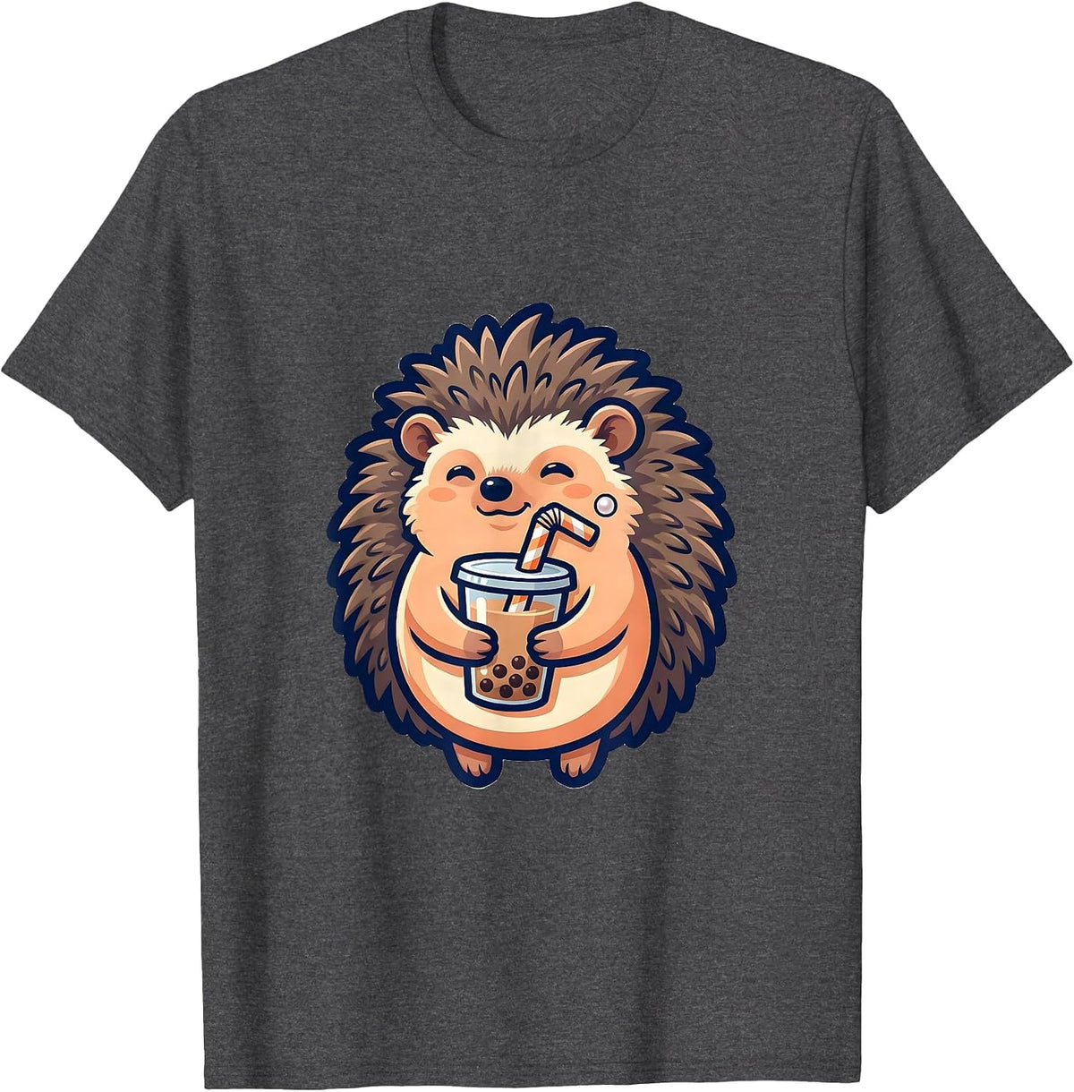 Round Chibi Hedgehog Boba Tea Kawaii Anime Lover T-Shirt - Dark Heather Grey