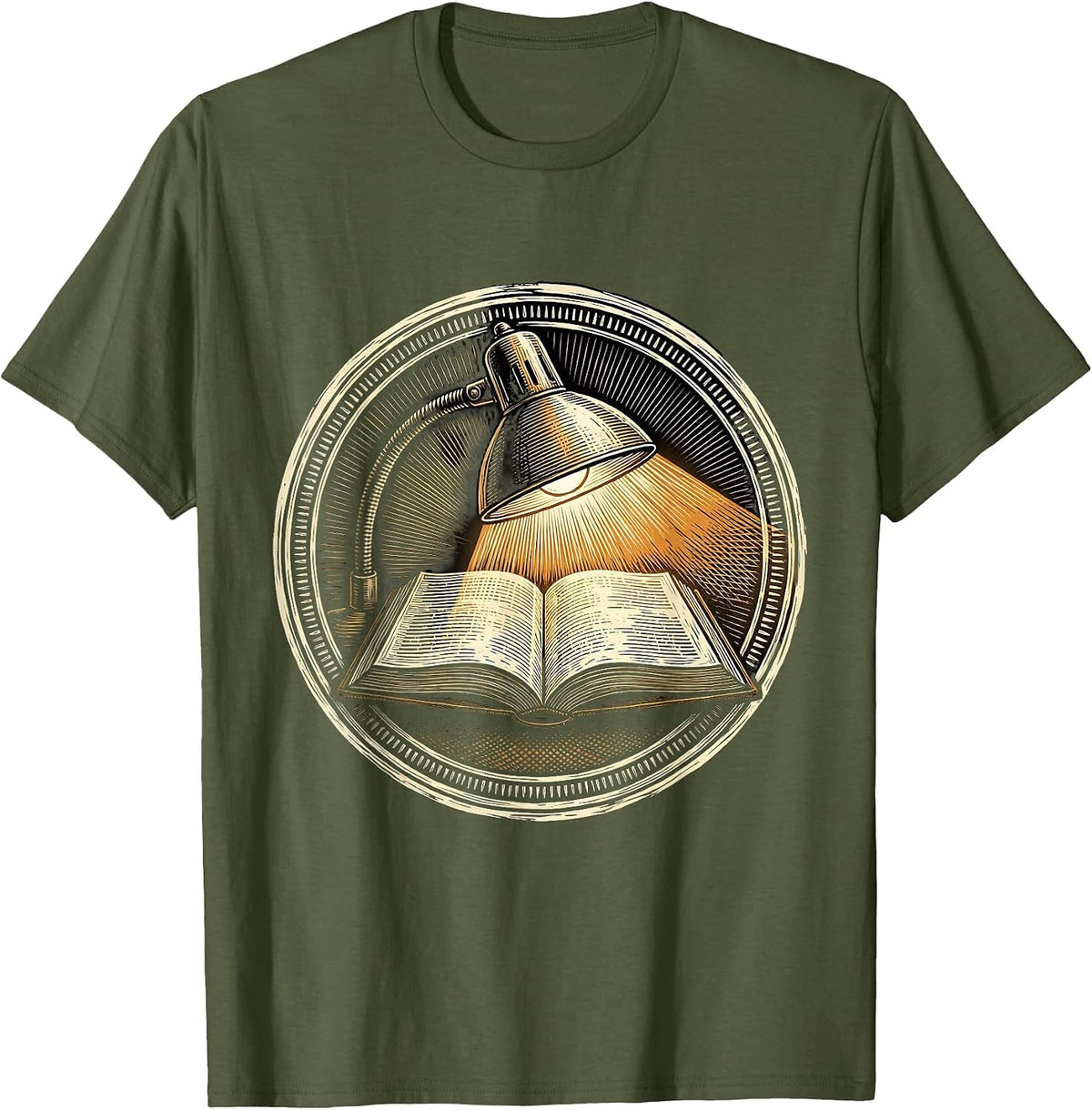 English Teacher Desk Lamp and Open Book Illustration T-Shirt - Olive Green