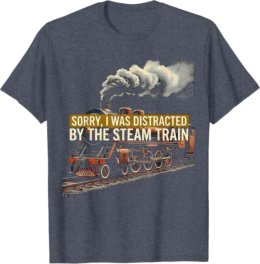 Sorry, I Was Distracted By The Steam Train Vintage T-Shirt - Heather Blue
