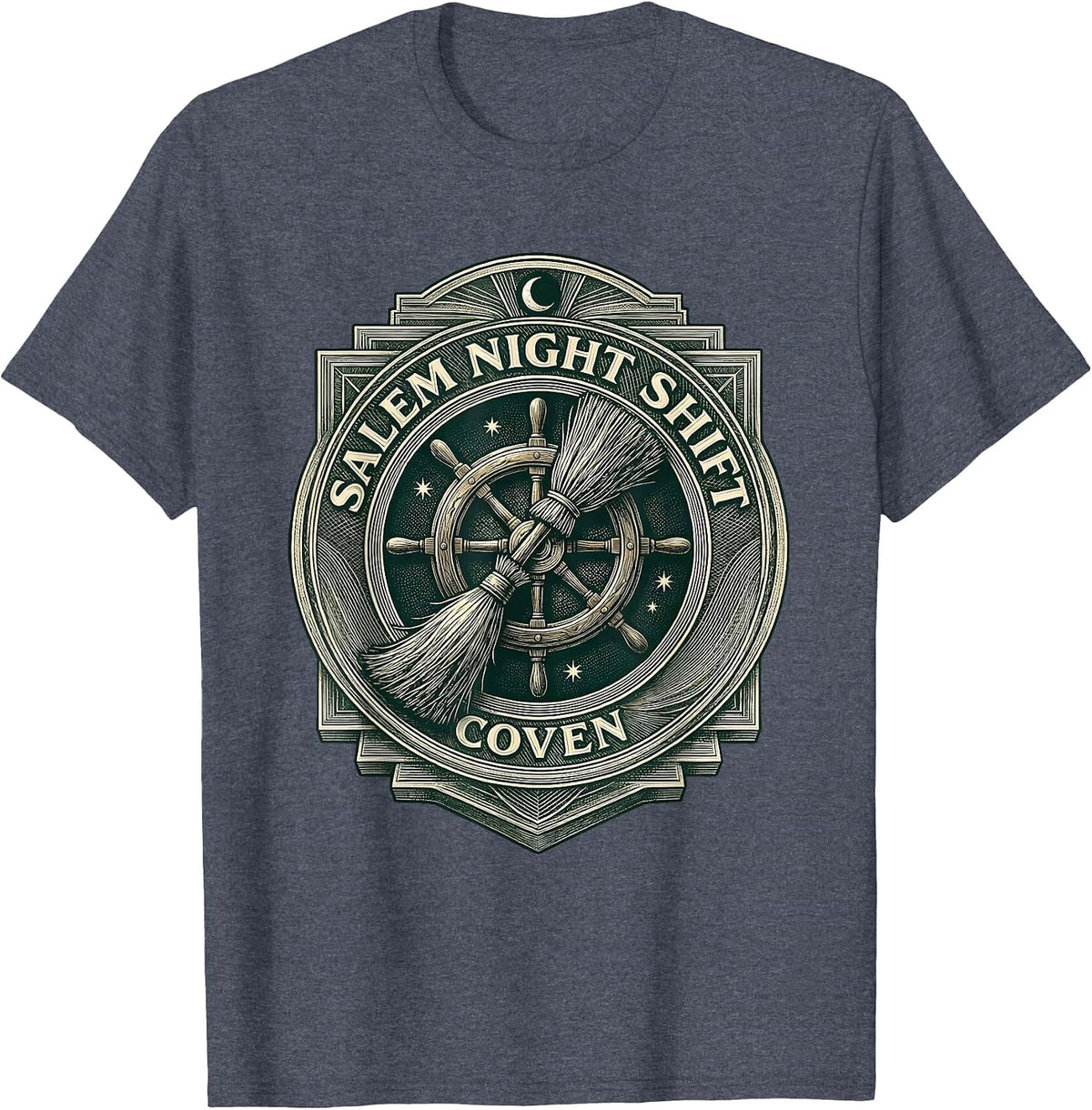 Salem Night Shift Coven Crosshatch Etching Halloween Work T-Shirt - Heather Blue