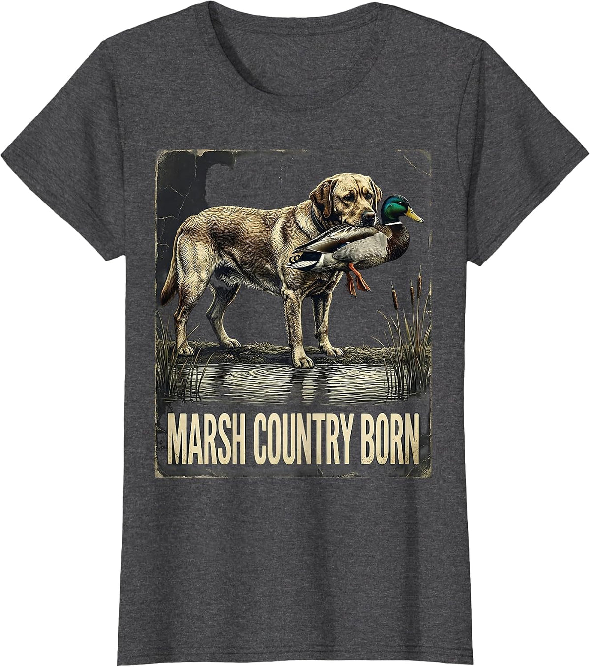 Women's Marsh Country Born Distressed Labrador Duck Hunting Youth T-Shirt - Dark Heather Grey