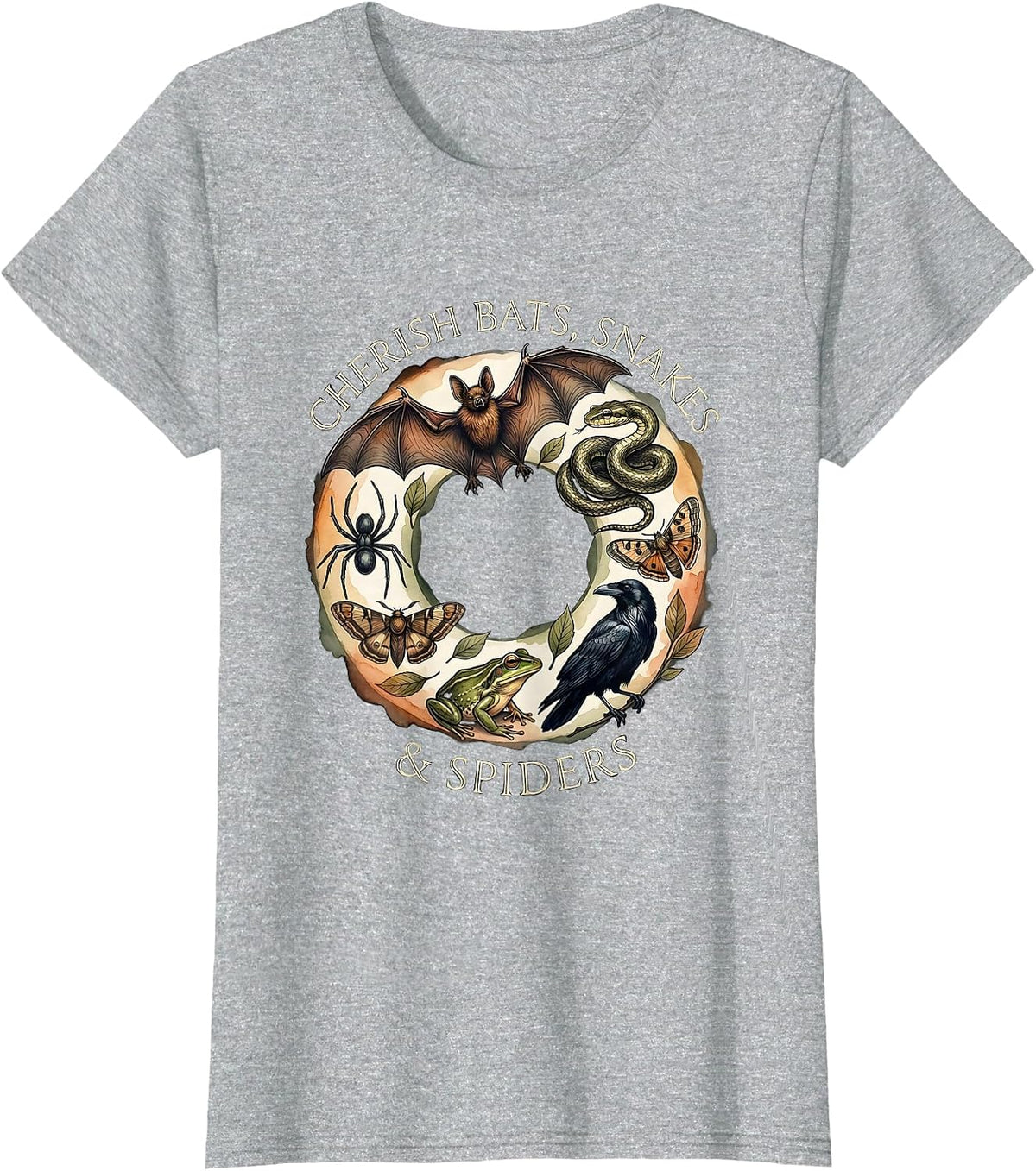 Women's Cherish Bats, Snakes & Spiders Watercolor Nature Lover Gift T-Shirt - Heather Grey