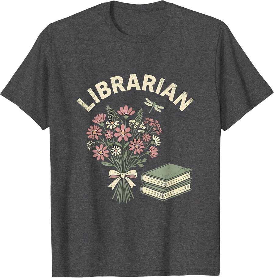 Men's Librarian Floral Boho Teacher Gift School Start Appreciation T-Shirt - Dark Heather Grey