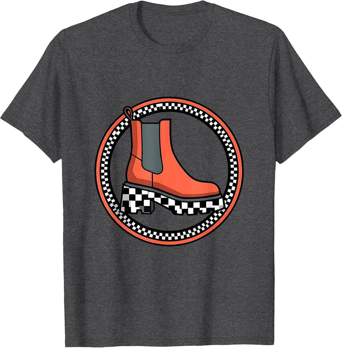 Checkered Platform Boot Graphic Tee T-Shirt - Dark Heather Grey