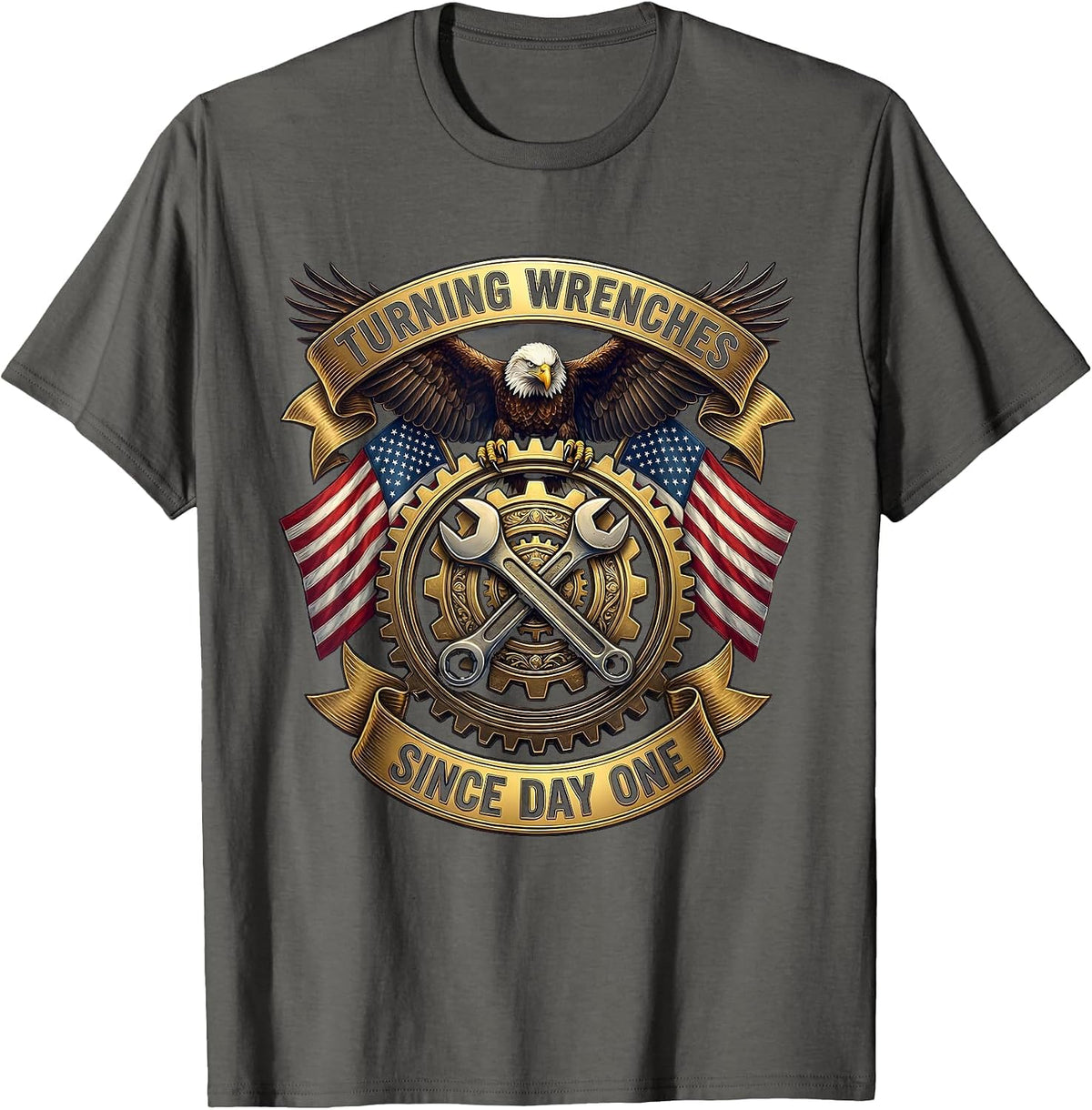 Turning Wrenches Since Day One Mechanic Design T-Shirt - Asphalt Grey